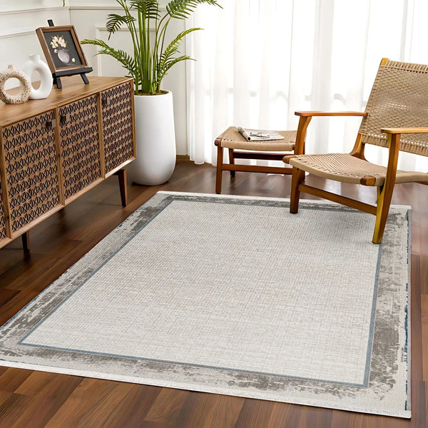 Bej Krem Bordürlü Minimalist Halı - Yıkanabilir - Kaymaz Taban - Pati Dostu
