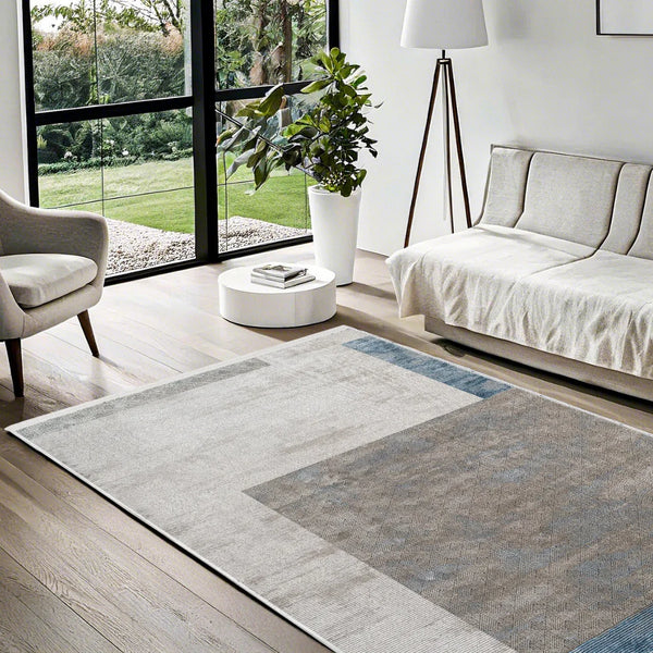 Bej Gri Blok Desenli Minimalist Halı - Yıkanabilir - Kaymaz Taban - Pati Dostu