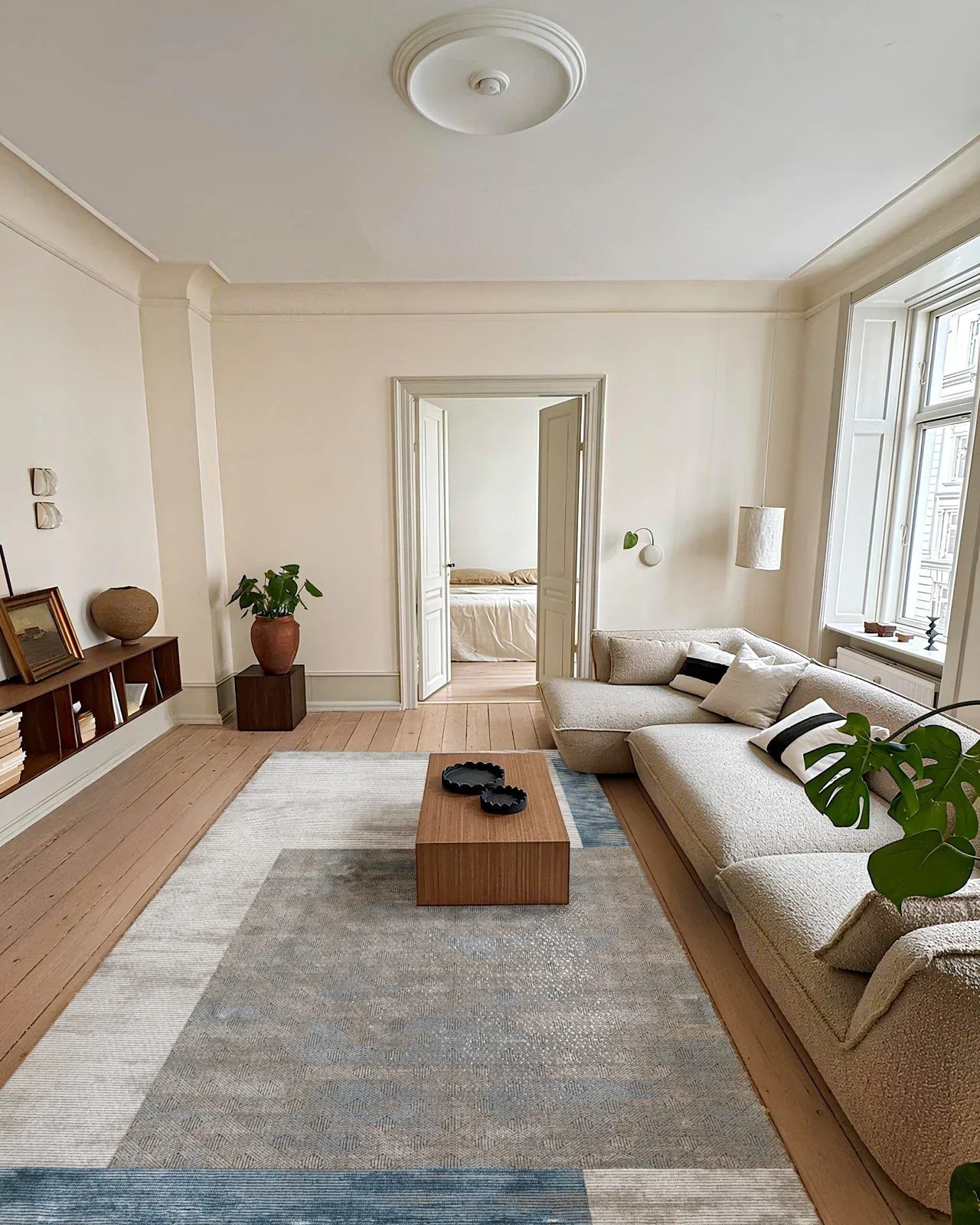 Bej Gri Blok Desenli Minimalist Halı - Yıkanabilir - Kaymaz Taban - Pati Dostu