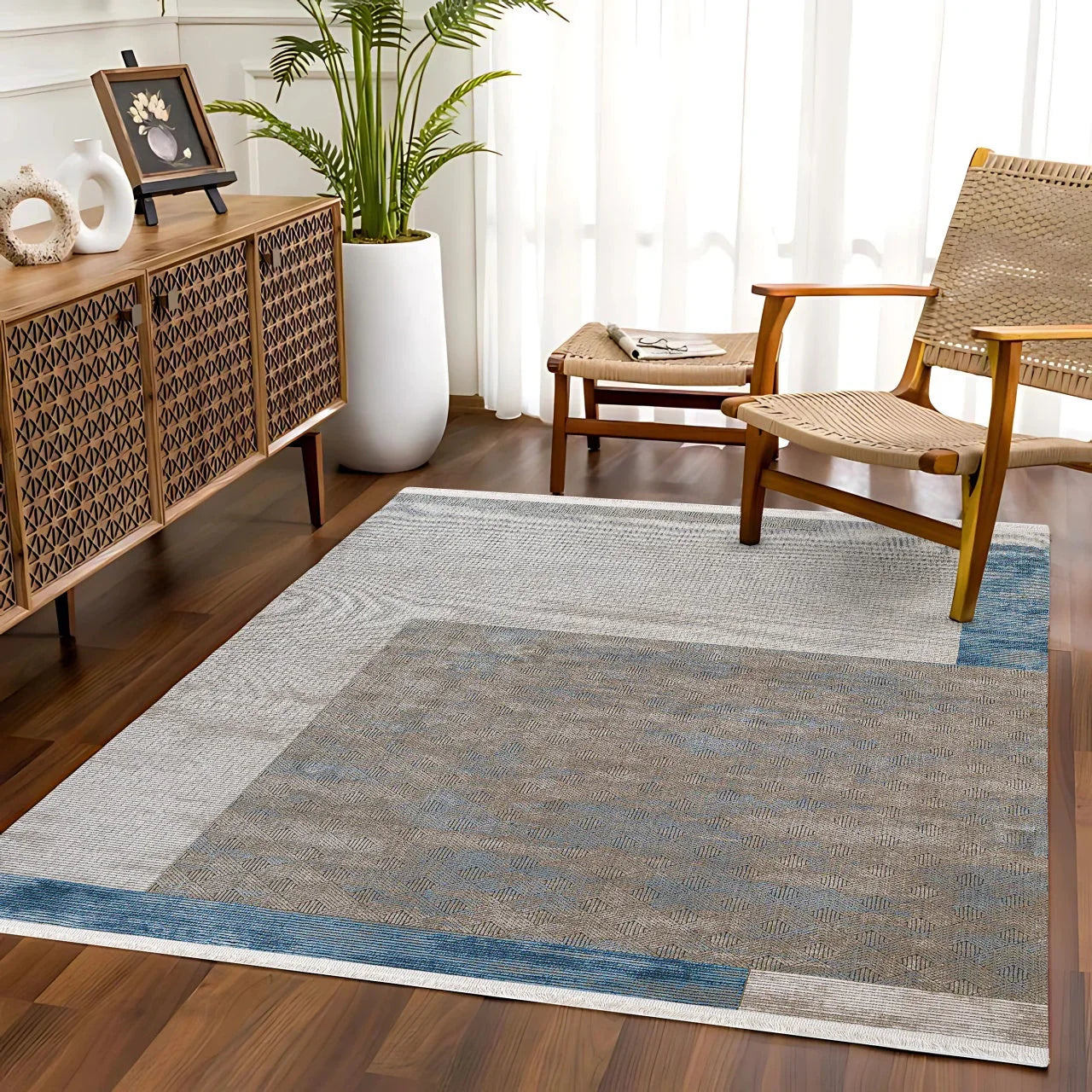 Bej Gri Blok Desenli Minimalist Halı - Yıkanabilir - Kaymaz Taban - Pati Dostu