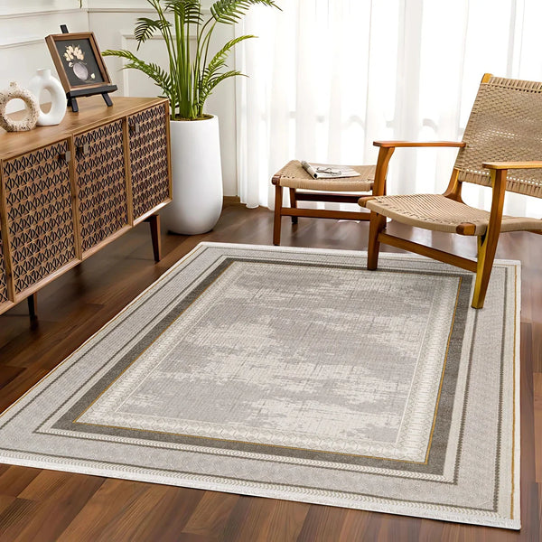 Beyaz Gri Bordürlü Minimalist Halı - Yıkanabilir - Kaymaz Taban - Pati Dostu