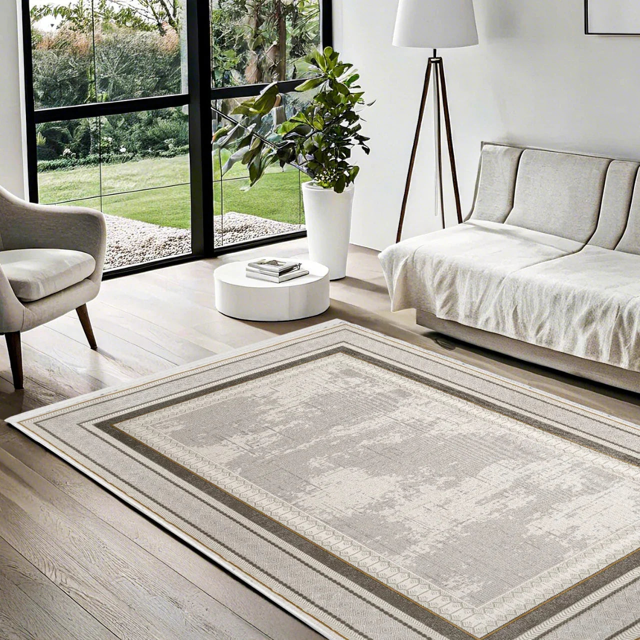 Beyaz Gri Bordürlü Minimalist Halı - Yıkanabilir - Kaymaz Taban - Pati Dostu