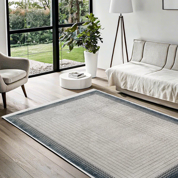 Gri Bordürlü Minimalist Halı - Yıkanabilir - Kaymaz Taban - Pati Dostu
