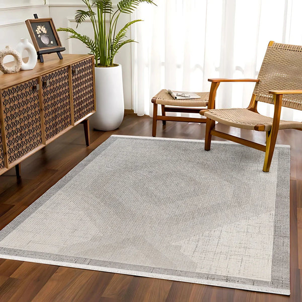 Beyaz Ekru Geometrik Minimalist Halı - Yıkanabilir - Kaymaz Taban - Pati Dostu