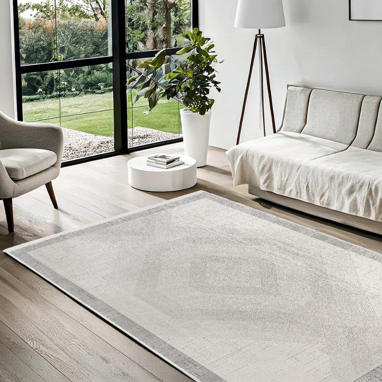 Beyaz Ekru Geometrik Minimalist Halı - Yıkanabilir - Kaymaz Taban - Pati Dostu