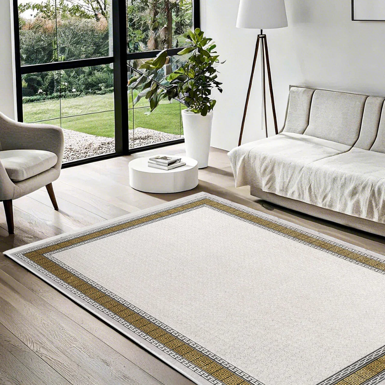 Beyaz Krem Bordürlü Minimalist Halı - Yıkanabilir - Kaymaz Taban - Pati Dostu