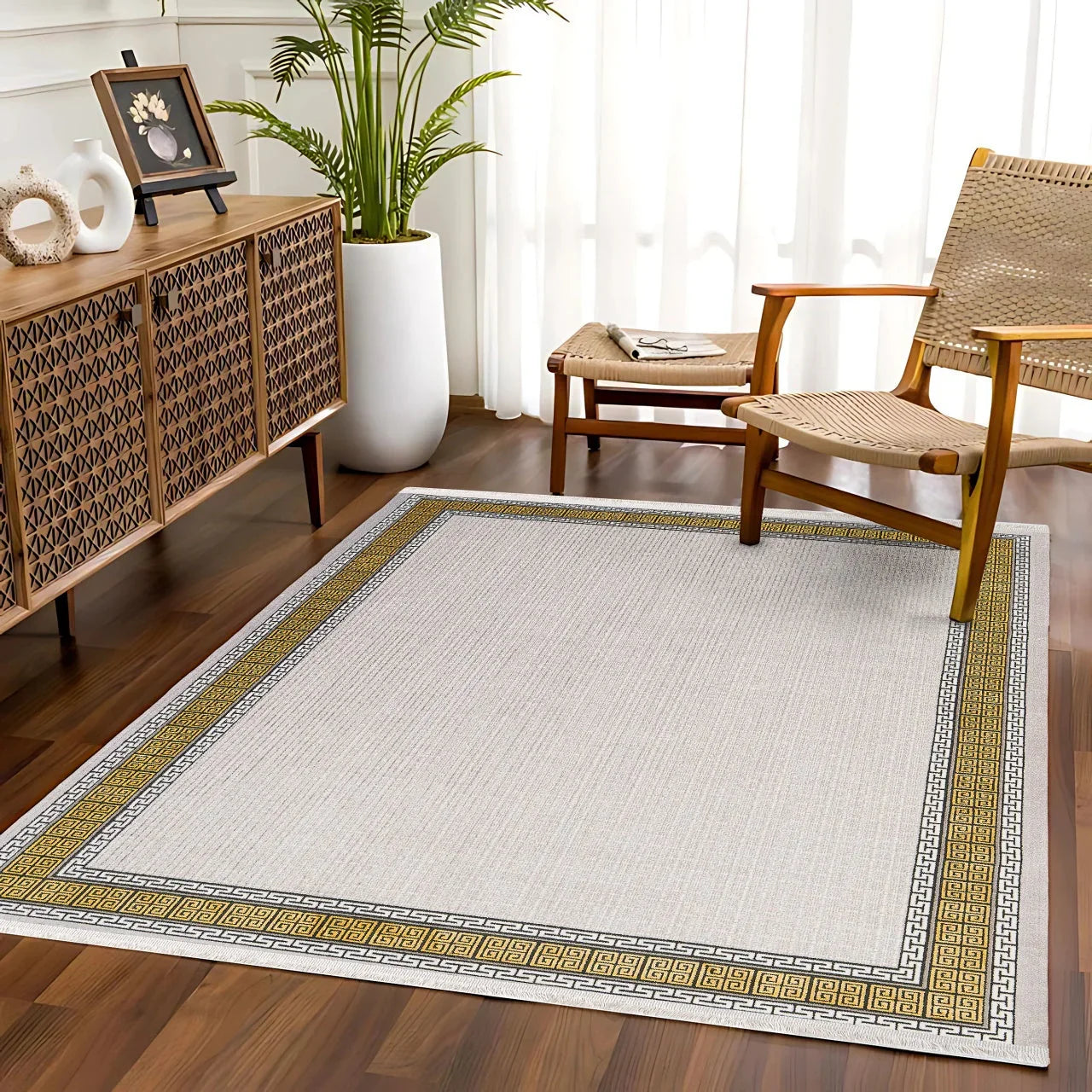 Beyaz Krem Bordürlü Minimalist Halı - Yıkanabilir - Kaymaz Taban - Pati Dostu