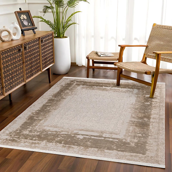 Bej Gri Eskitme Minimalist Halı - Yıkanabilir - Kaymaz Taban - Pati Dostu
