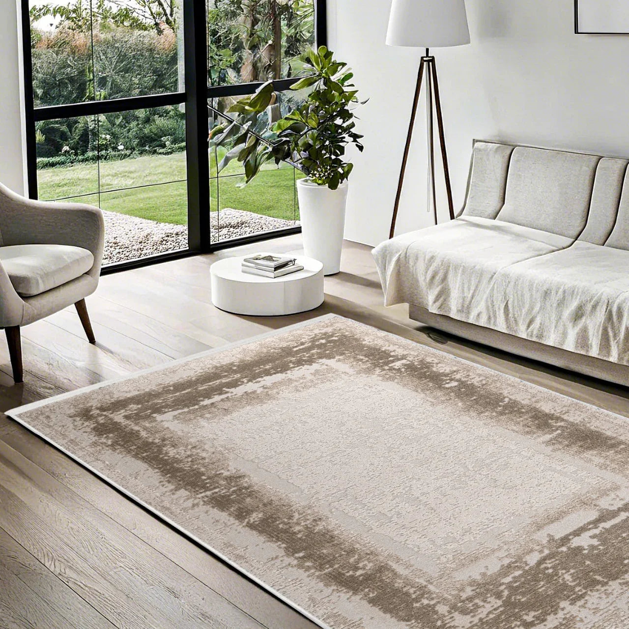Bej Gri Eskitme Minimalist Halı - Yıkanabilir - Kaymaz Taban - Pati Dostu