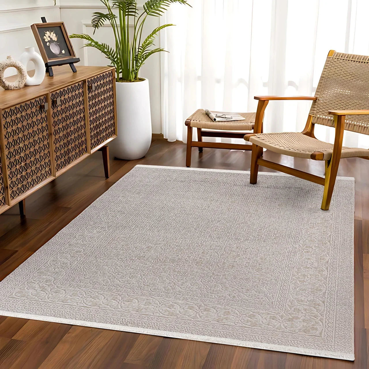 Bej Krem Minimalist Modern Halı - Yıkanabilir - Kaymaz Taban - Pati Dostu
