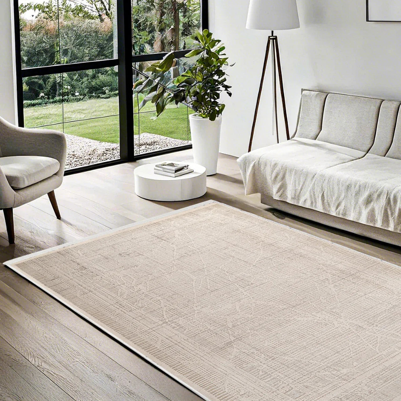 Bej Krem Minimalist Modern Halı - Yıkanabilir - Kaymaz Taban - Pati Dostu