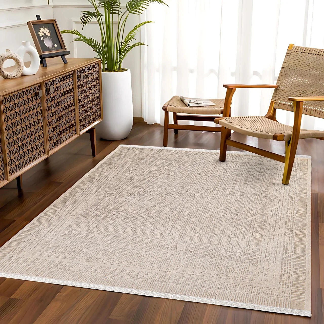 Bej Krem Minimalist Modern Halı - Yıkanabilir - Kaymaz Taban - Pati Dostu