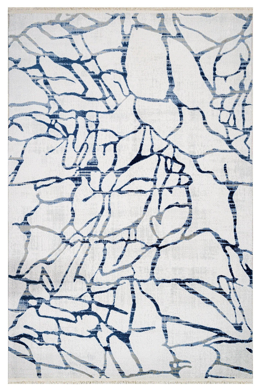 Moderner Teppich in Weiß & Marineblau mit abstraktem Muster – im Wohnzimmer