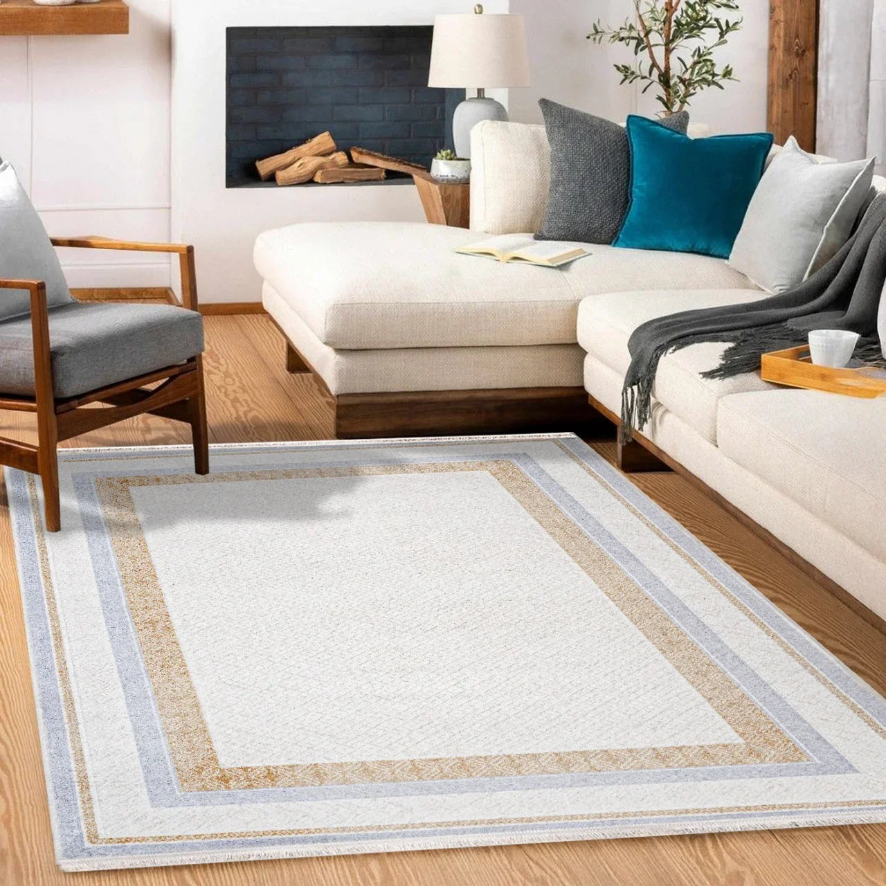 Bej Bordürlü Modern Halı - Yıkanabilir - Kaymaz Taban - Pati Dostu