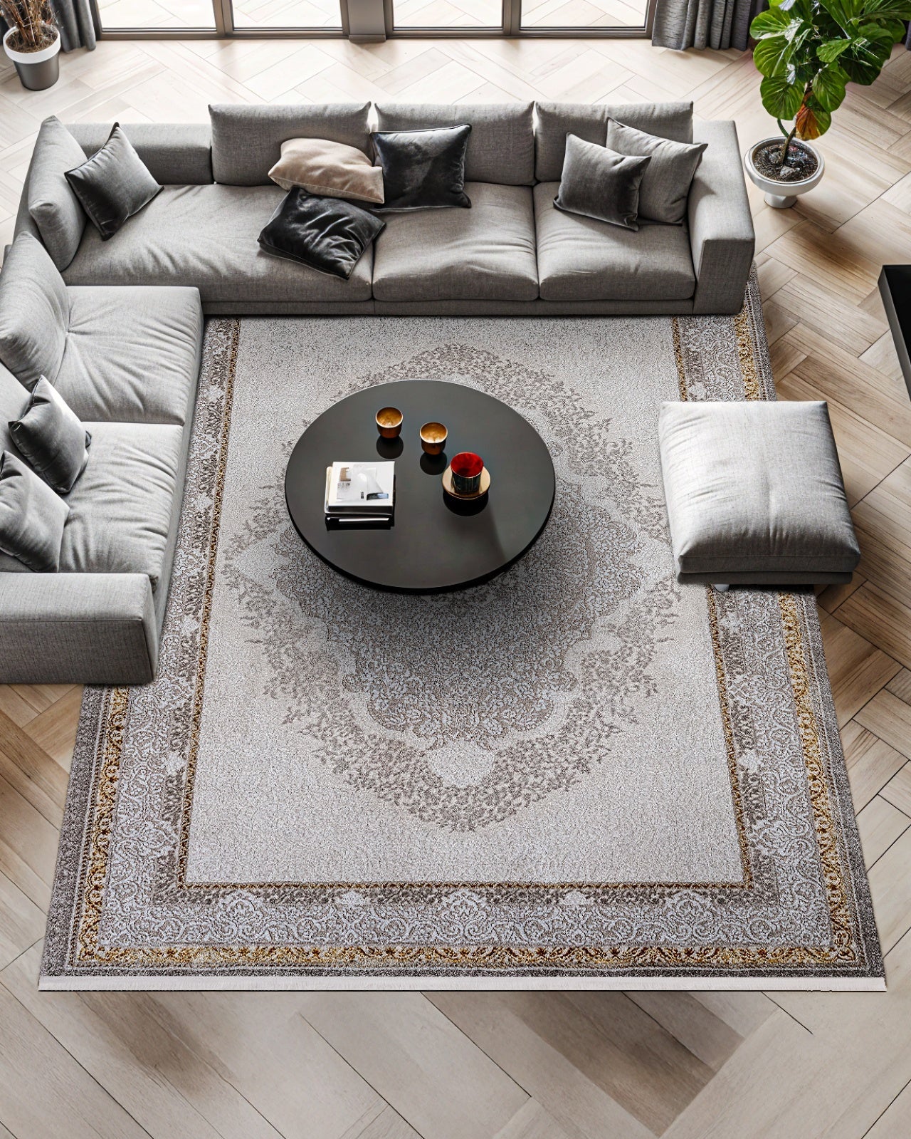 Antrasit Gri Eskitme Göbekli Halı - Yıkanabilir - Kaymaz Taban - Pati Dostu