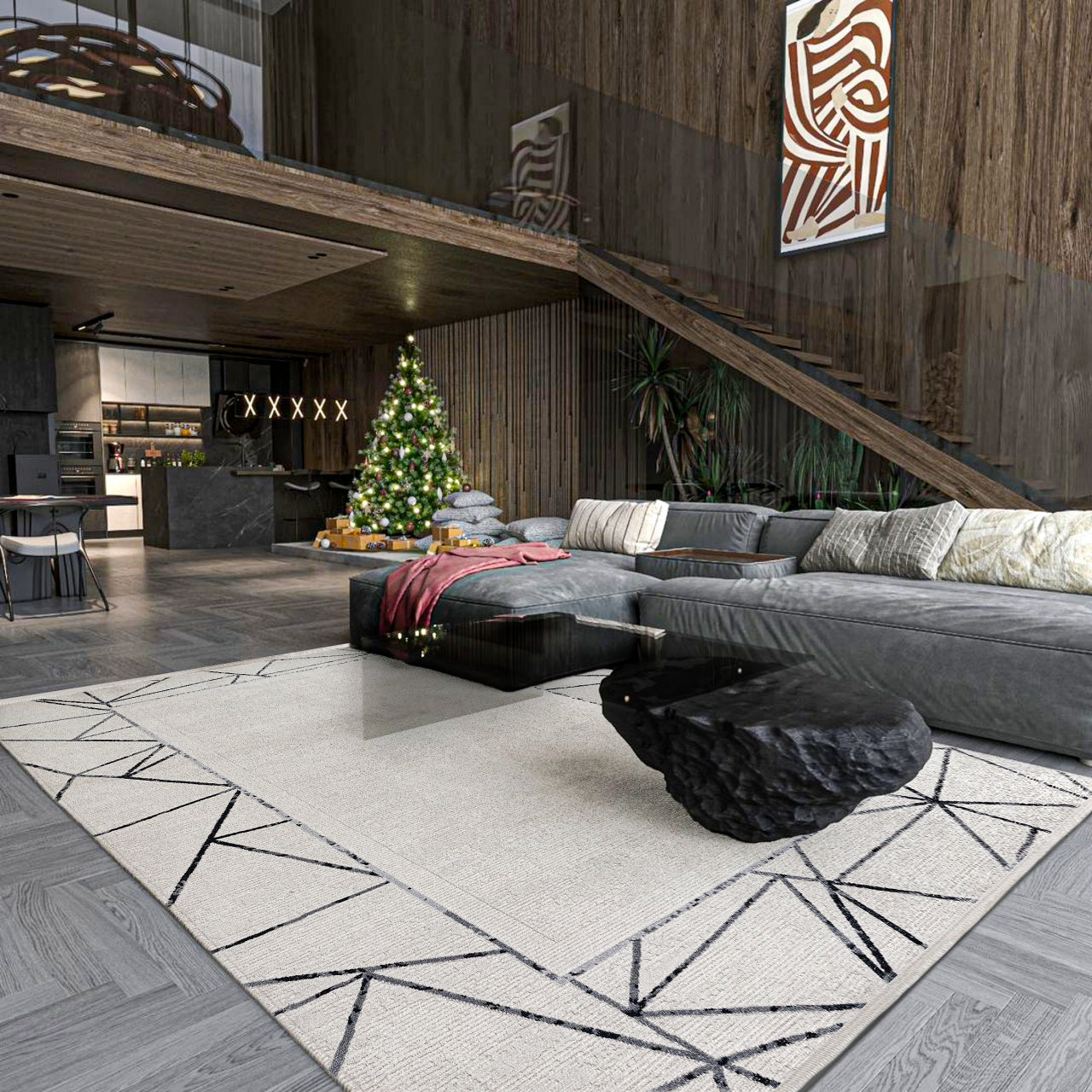 Antrasit Beyaz Geometrik Minimalist Halı - Yıkanabilir - Kaymaz Taban - Pati Dostu