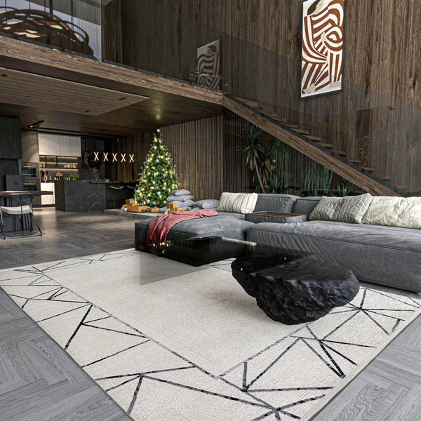 Antrasit Beyaz Geometrik Minimalist Halı - Yıkanabilir - Kaymaz Taban - Pati Dostu