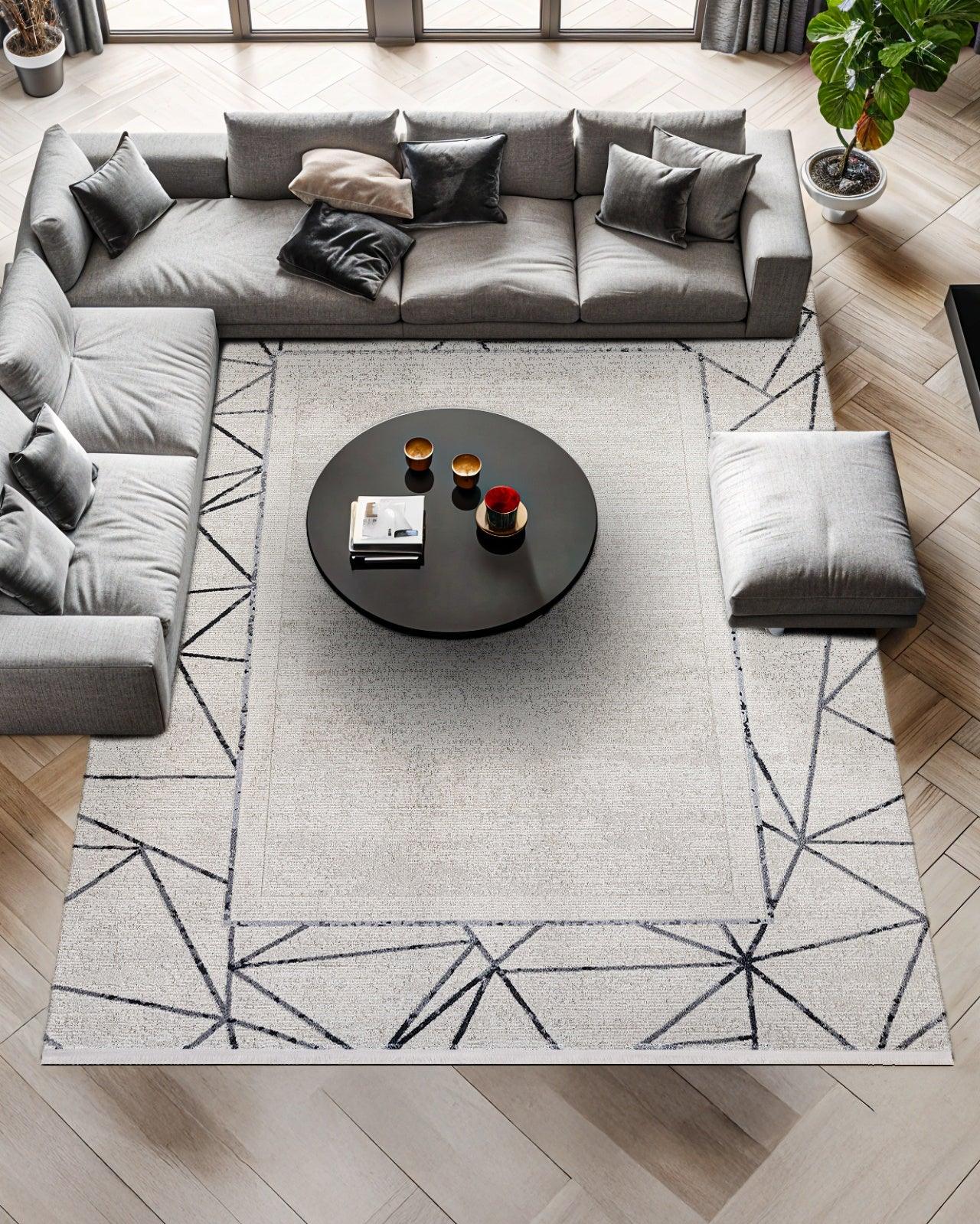 Antrasit Beyaz Geometrik Minimalist Halı - Yıkanabilir - Kaymaz Taban - Pati Dostu