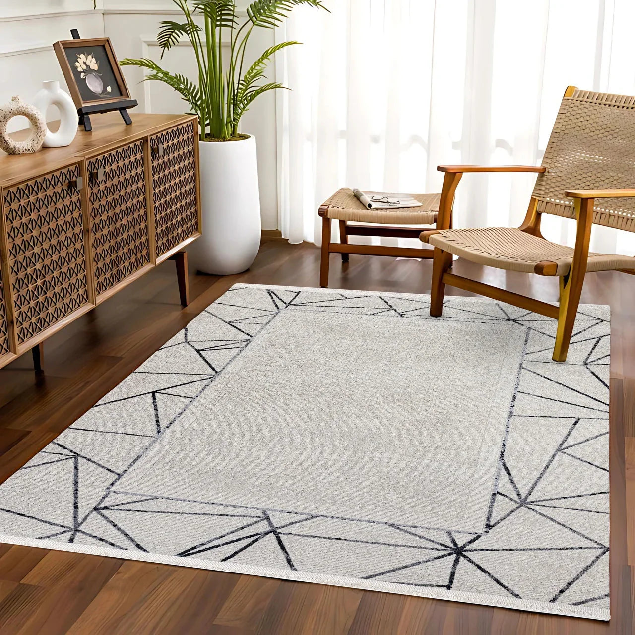 Antrasit Beyaz Geometrik Minimalist Halı - Yıkanabilir - Kaymaz Taban - Pati Dostu