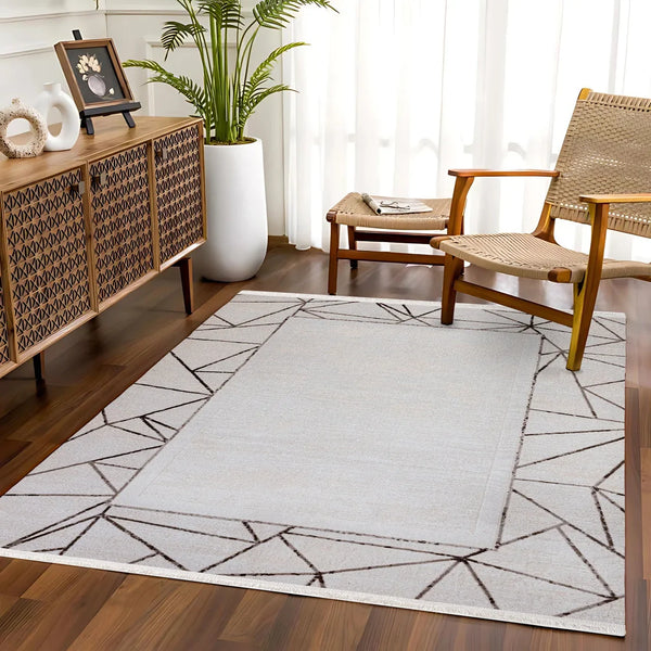 Antrasit Gri Bordürlü Geometrik Halı - Yıkanabilir - Kaymaz Taban - Pati Dostu