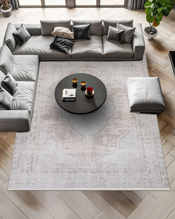 Bej Krem Eskitme Göbekli Halı - Yıkanabilir - Kaymaz Taban - Pati Dostu