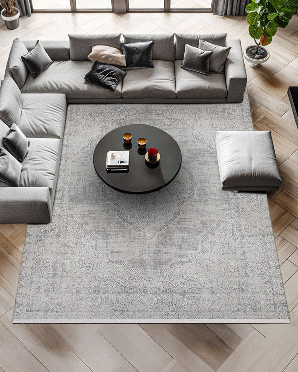 Antrasit Gri Desenli Eskitme Halı - Yıkanabilir - Kaymaz Taban - Pati Dostu