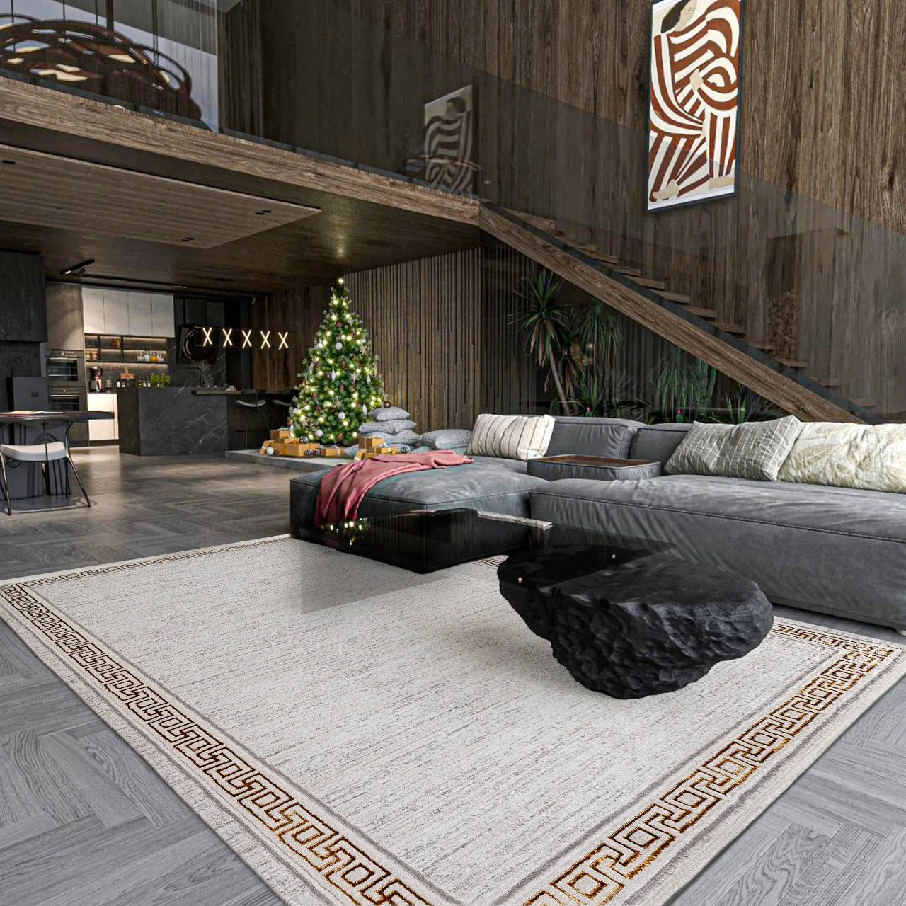 Gri Bordürlü Minimalist Halı - Yıkanabilir - Kaymaz Taban - Pati Dostu