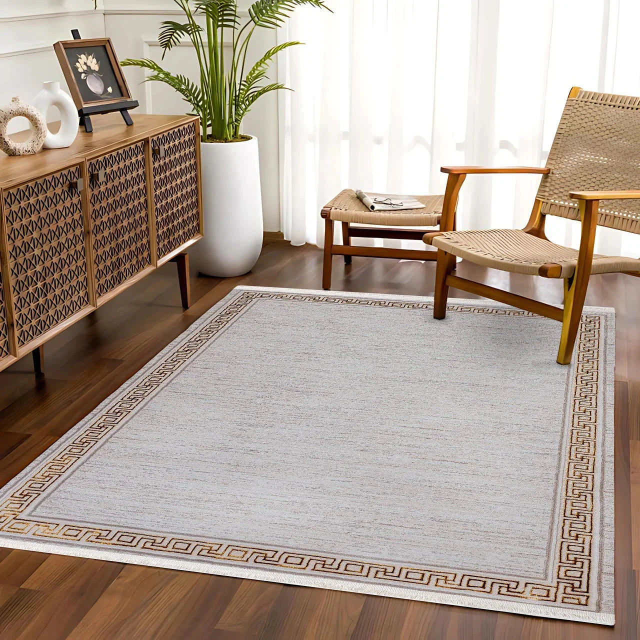 Gri Bordürlü Minimalist Halı - Yıkanabilir - Kaymaz Taban - Pati Dostu