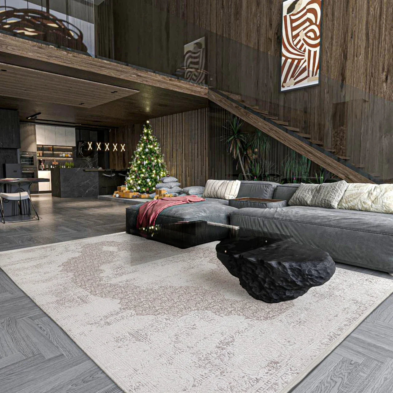 Gri Bordürlü Minimalist Halı - Yıkanabilir - Kaymaz Taban - Pati Dostu