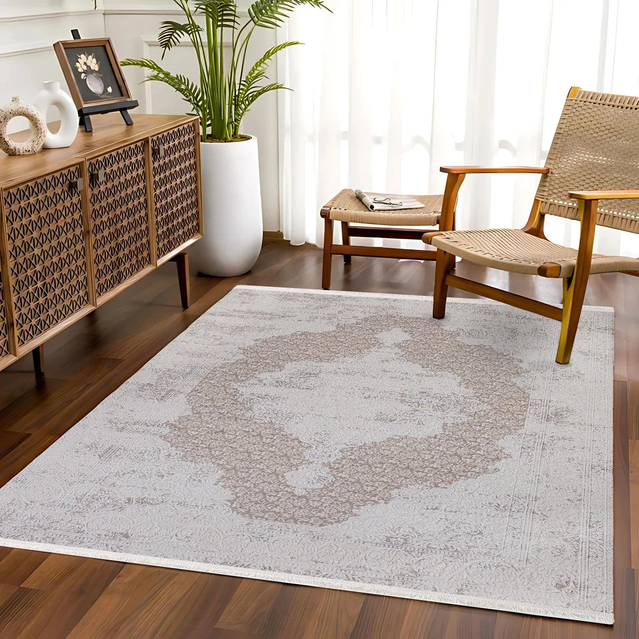 Gri Bordürlü Minimalist Halı - Yıkanabilir - Kaymaz Taban - Pati Dostu
