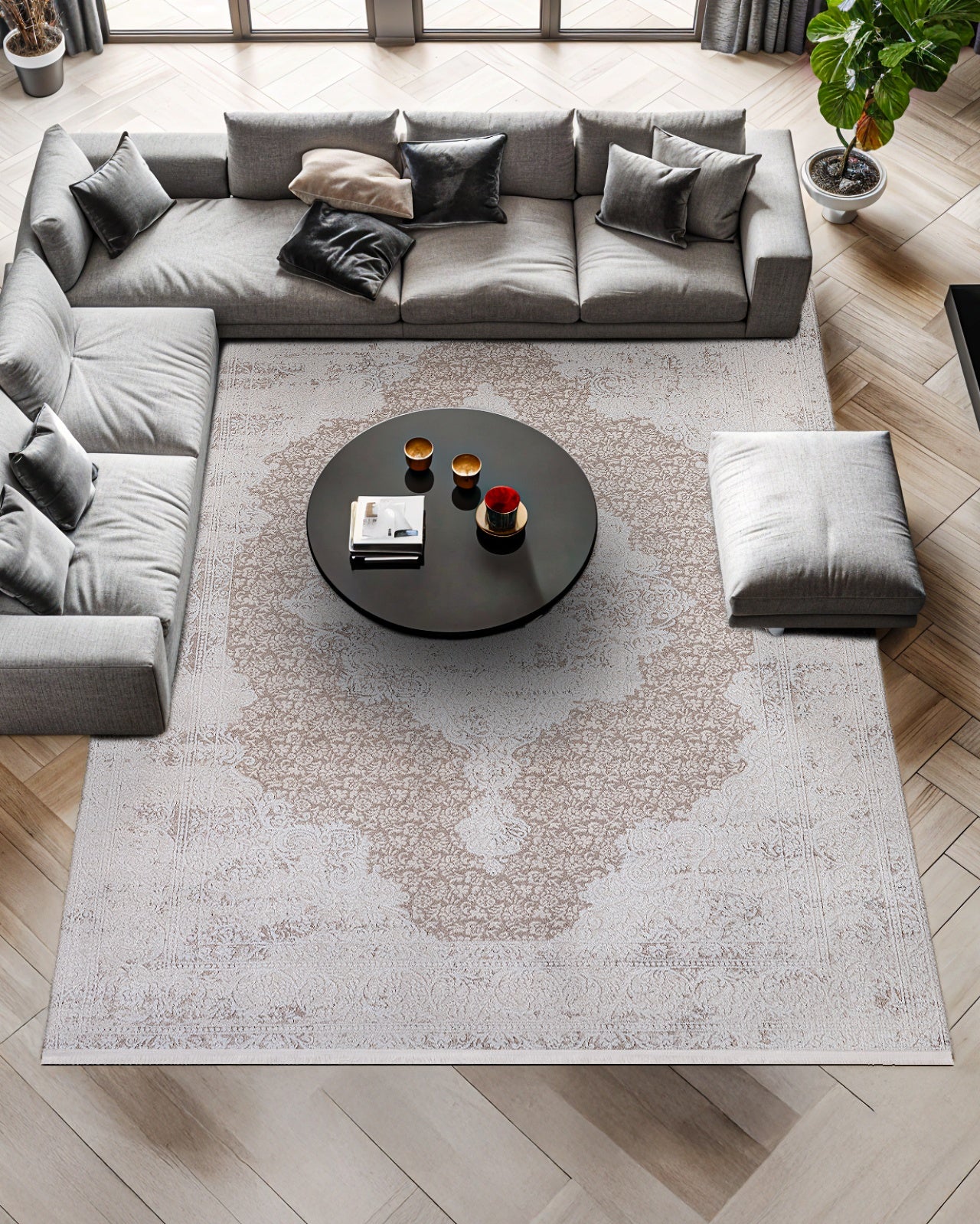 Gri Bordürlü Minimalist Halı - Yıkanabilir - Kaymaz Taban - Pati Dostu