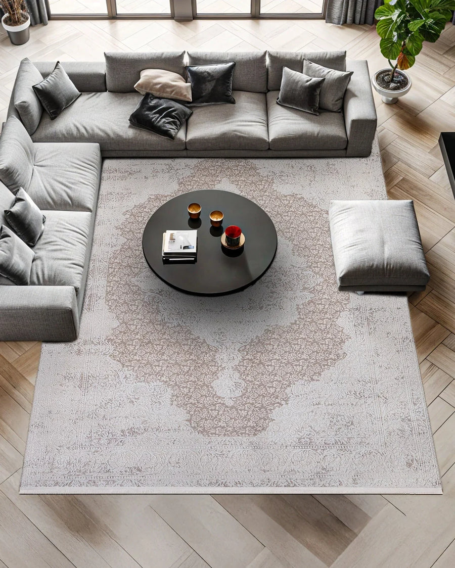 Light Grey and Beige Distressed Medallion Rug – in the living room