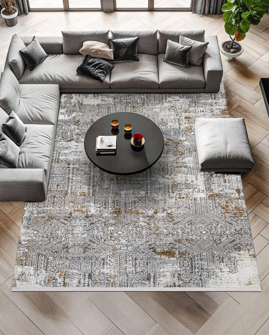 Beyaz Gri Eskitme Salon Halısı Geometrik – Salon kullanımı