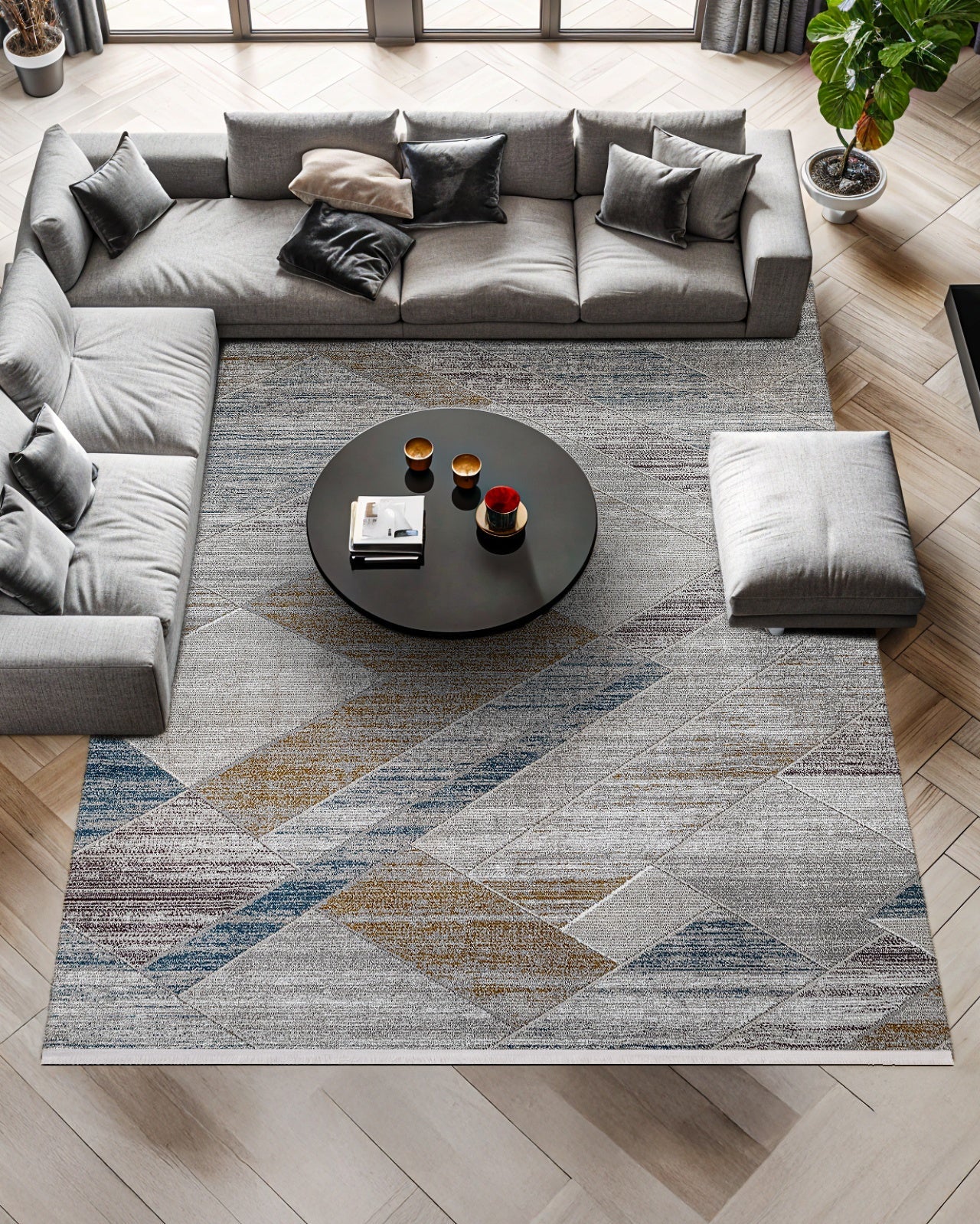 Antrasit Bej Blok Desenli Geometrik Halı - Yıkanabilir - Kaymaz Taban - Pati Dostu