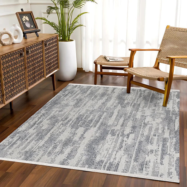Antrasit Beyaz Dokulu Minimalist Halı - Yıkanabilir - Kaymaz Taban - Pati Dostu