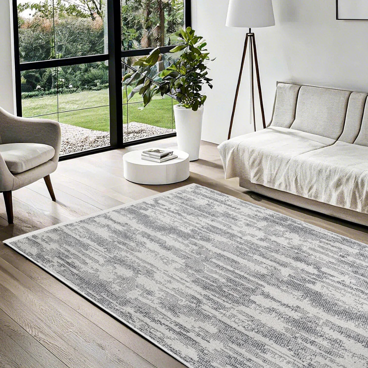 Antrasit Beyaz Dokulu Minimalist Halı - Yıkanabilir - Kaymaz Taban - Pati Dostu