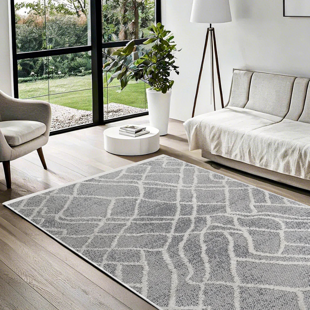 Antrasit Gri Geometrik Labirent Desenli Halı - Yıkanabilir - Kaymaz Taban - Pati Dostu