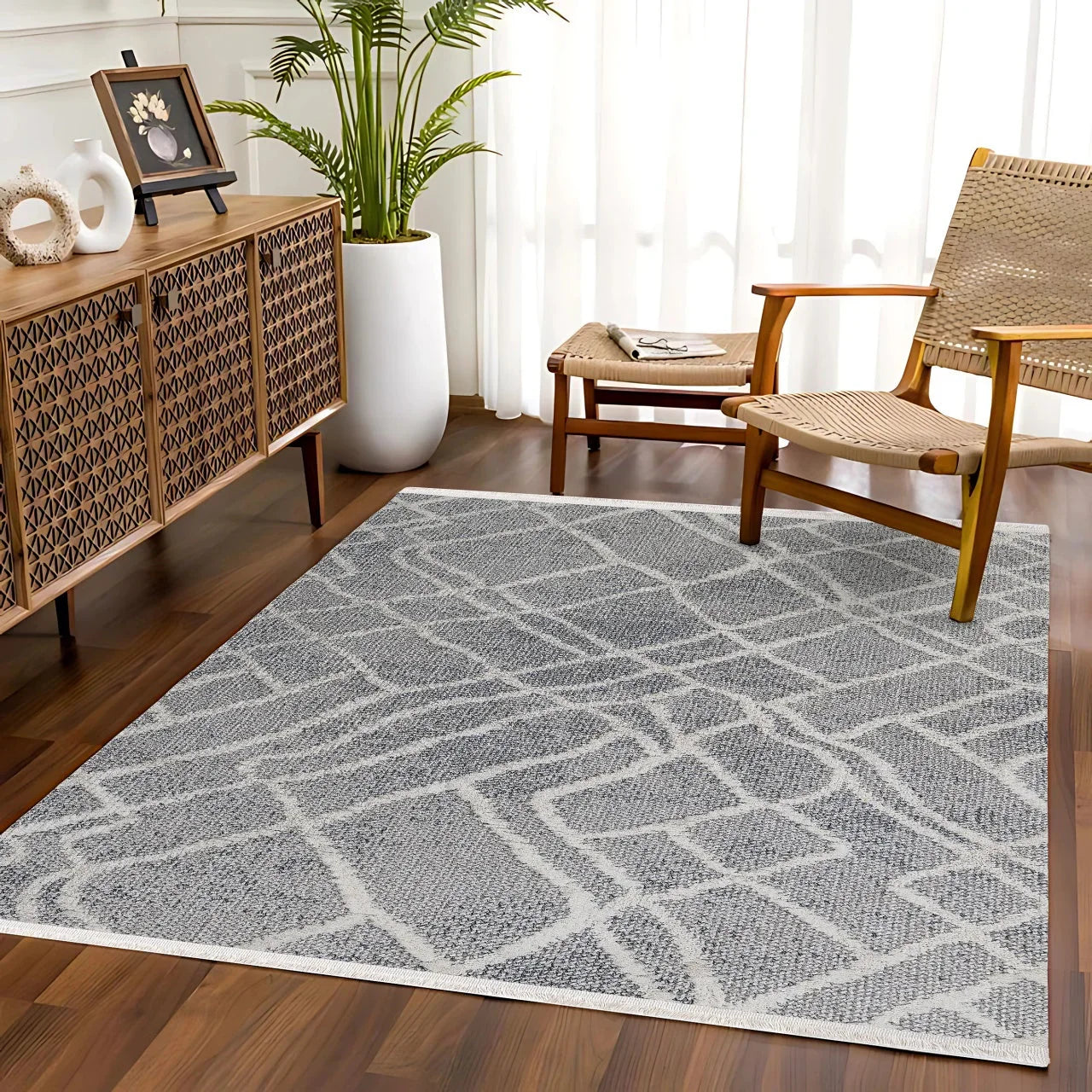 Antrasit Gri Geometrik Labirent Desenli Halı - Yıkanabilir - Kaymaz Taban - Pati Dostu
