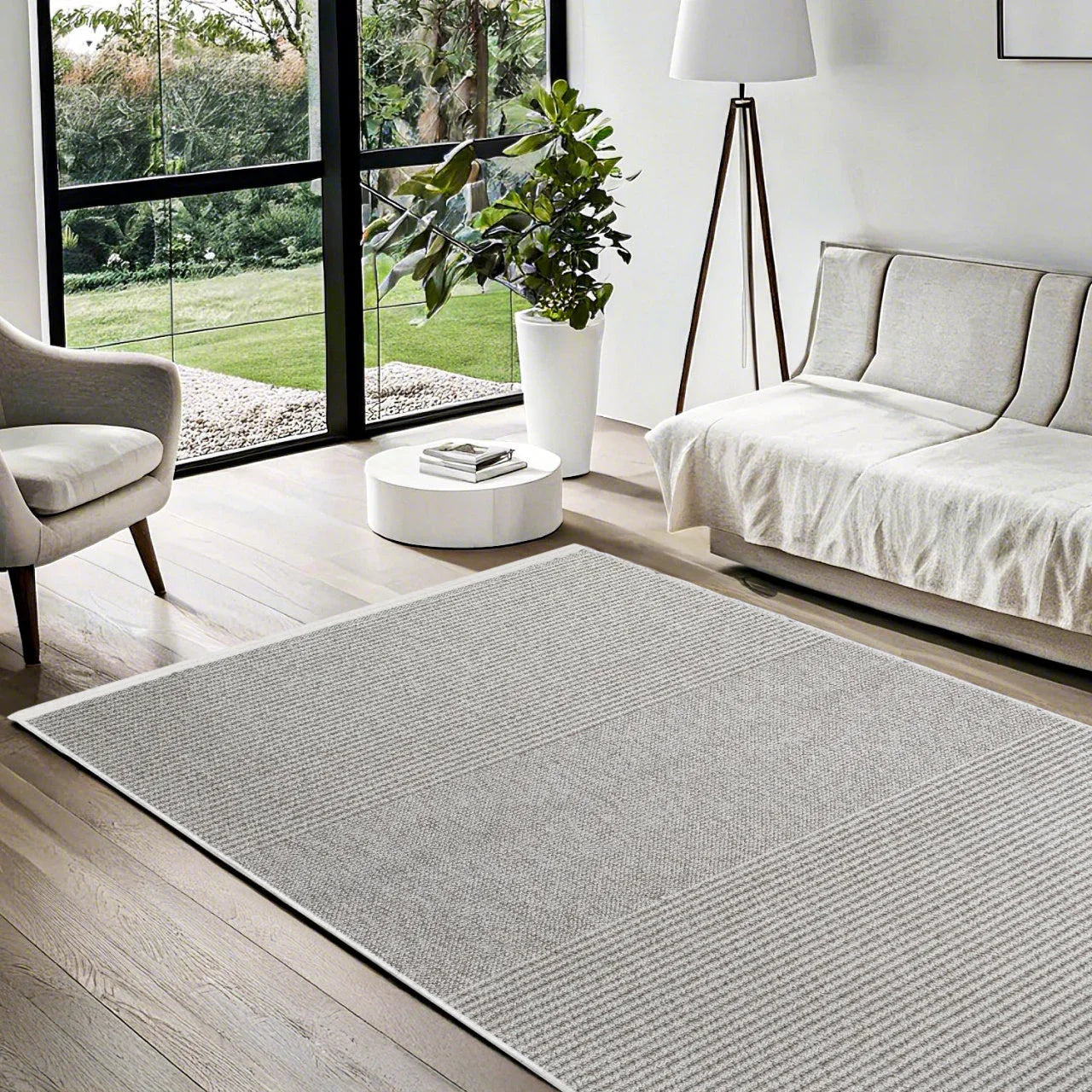 Beyaz Gri Minimalist Modern Halı - Yıkanabilir - Kaymaz Taban - Pati Dostu