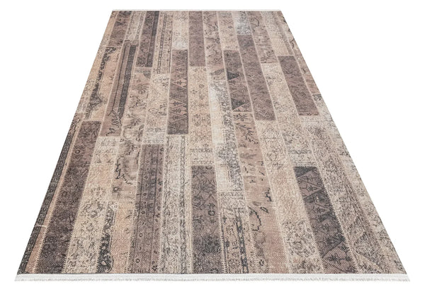 Bej Gri Geometrik Minimalist Halı - Yıkanabilir - Kaymaz Taban - Pati Dostu