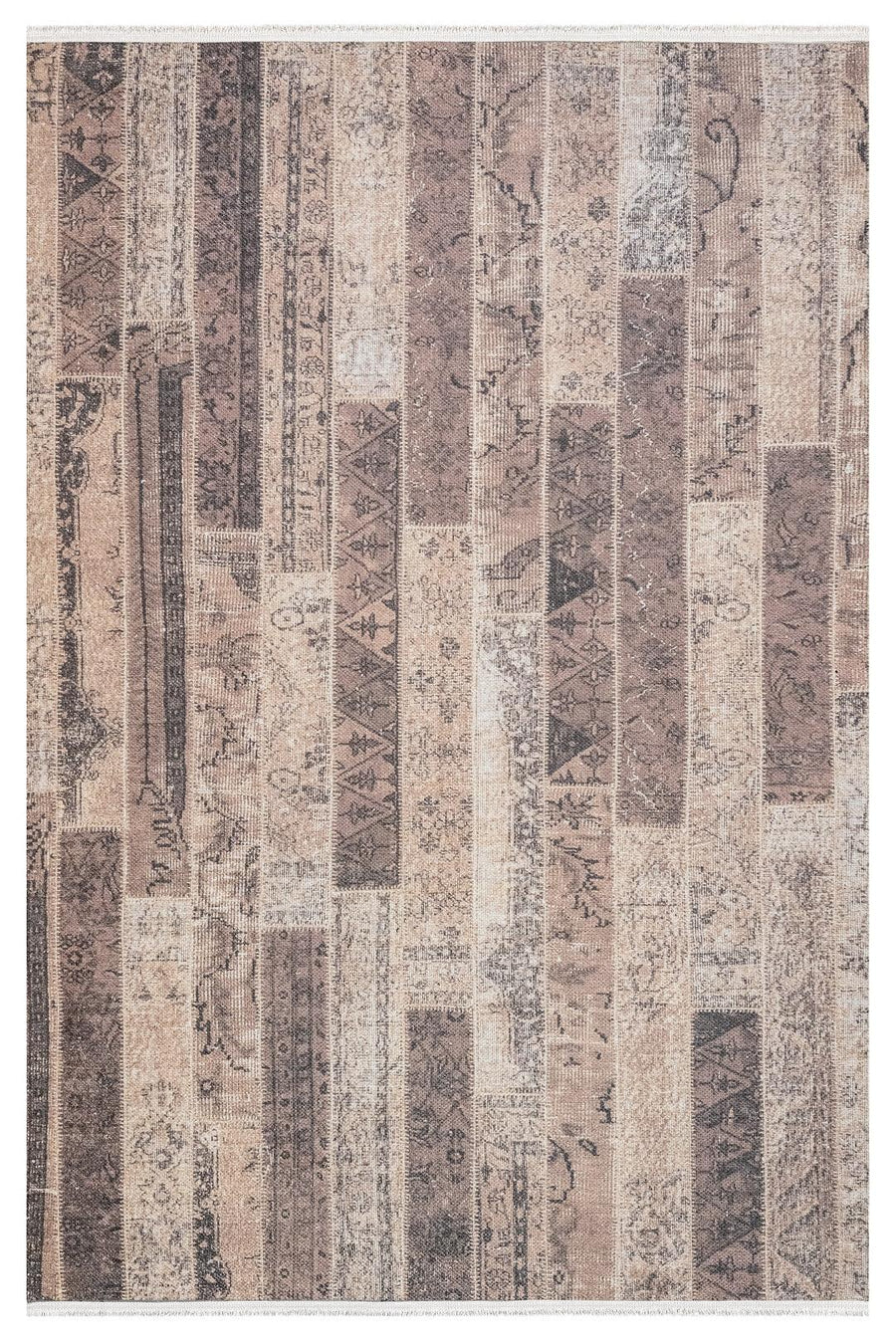 Bej Gri Geometrik Minimalist Halı - Yıkanabilir - Kaymaz Taban - Pati Dostu