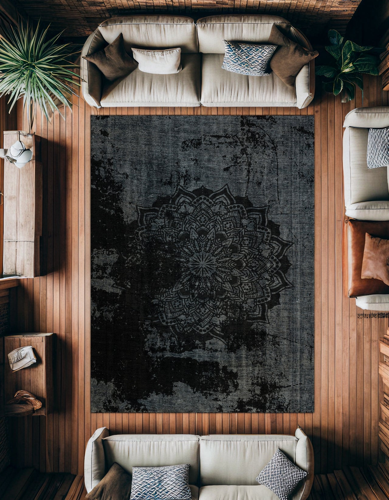 Siyah Gri Eskitme Salon Halısı Medalyon - Polyester