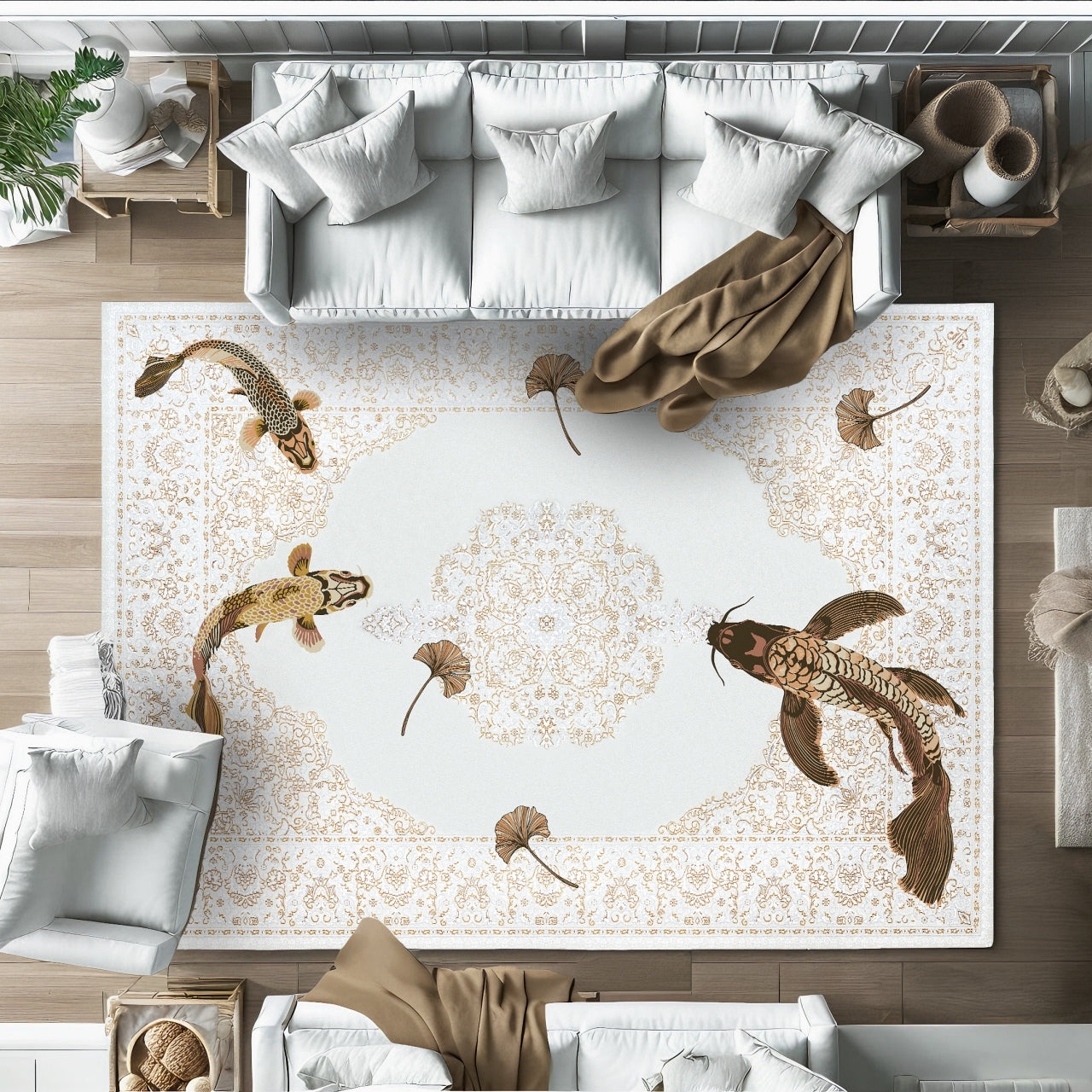 Krem Kahverengi Modern Madalyonlu Salon Halısı - Polyester