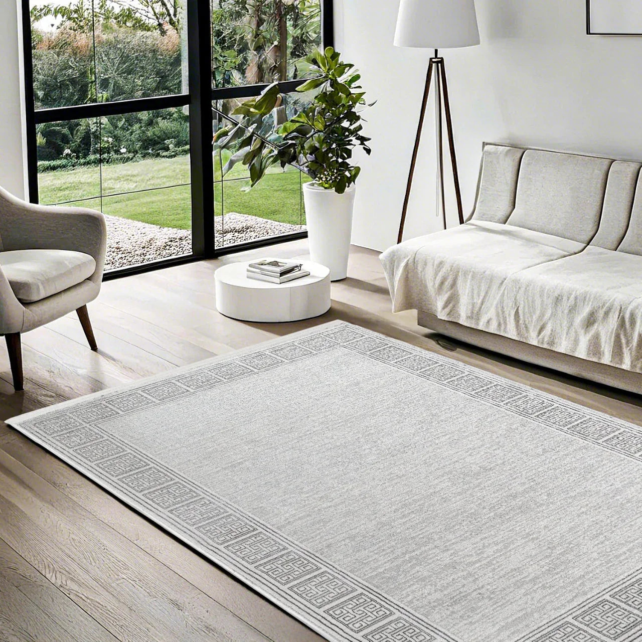 Beyaz Gri Bordürlü Minimalist Halı - Yıkanabilir - Kaymaz Taban - Pati Dostu
