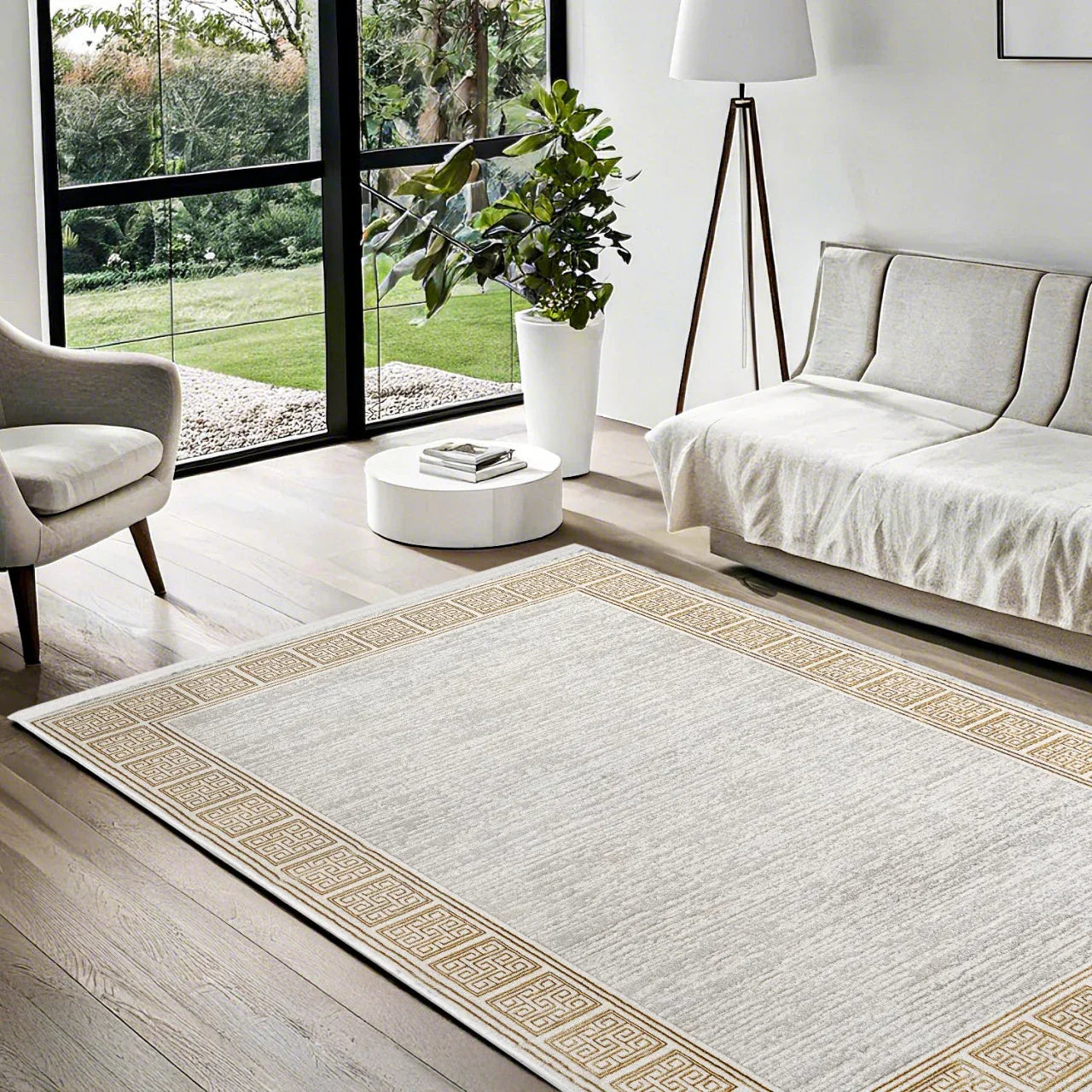 Beyaz Gold Bordürlü Minimalist Halı - Yıkanabilir - Kaymaz Taban - Pati Dostu