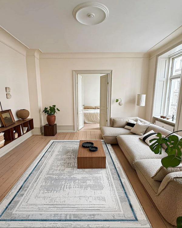 Beyaz Gri Bordürlü Minimalist Halı - Yıkanabilir - Kaymaz Taban - Pati Dostu