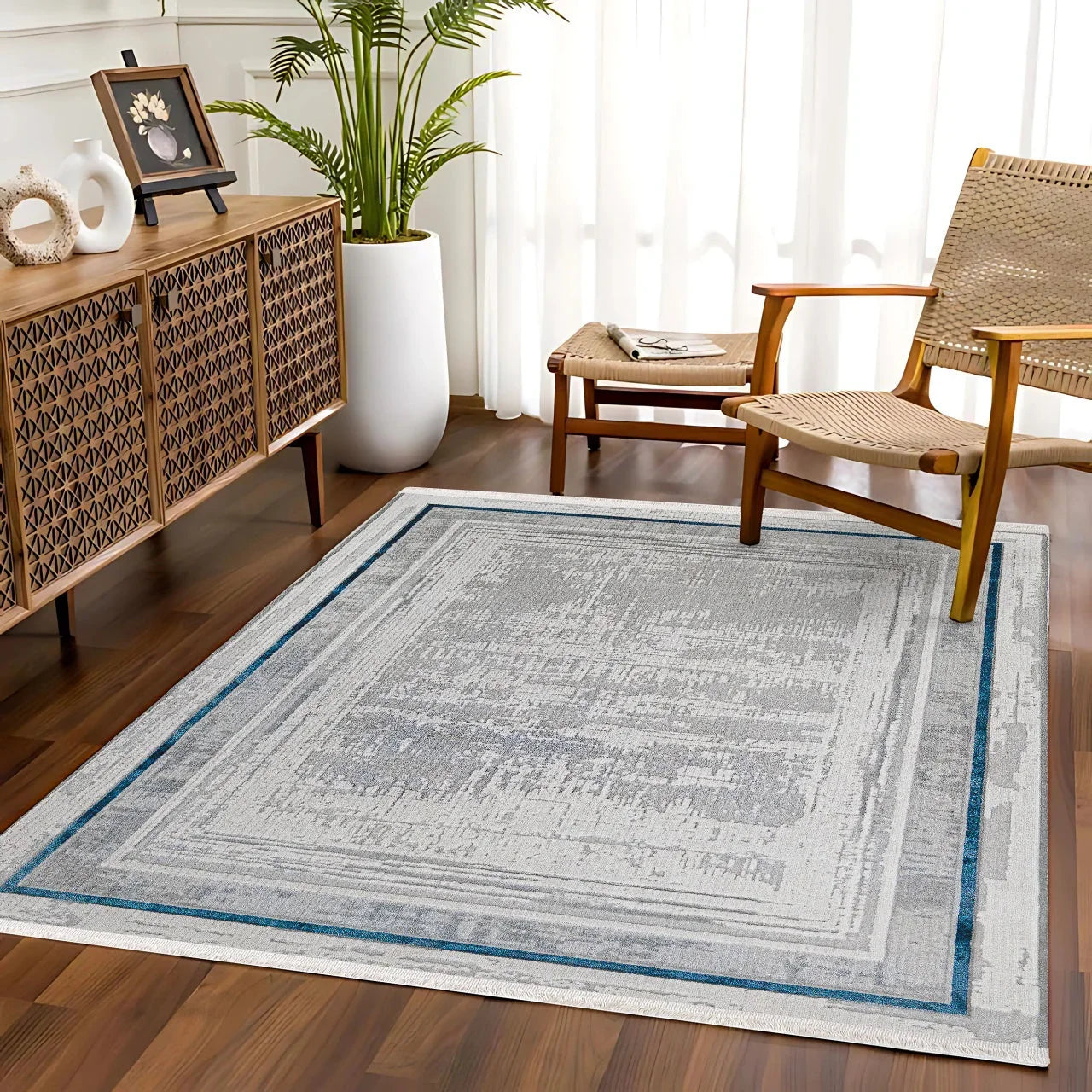 Beyaz Gri Bordürlü Minimalist Halı - Yıkanabilir - Kaymaz Taban - Pati Dostu
