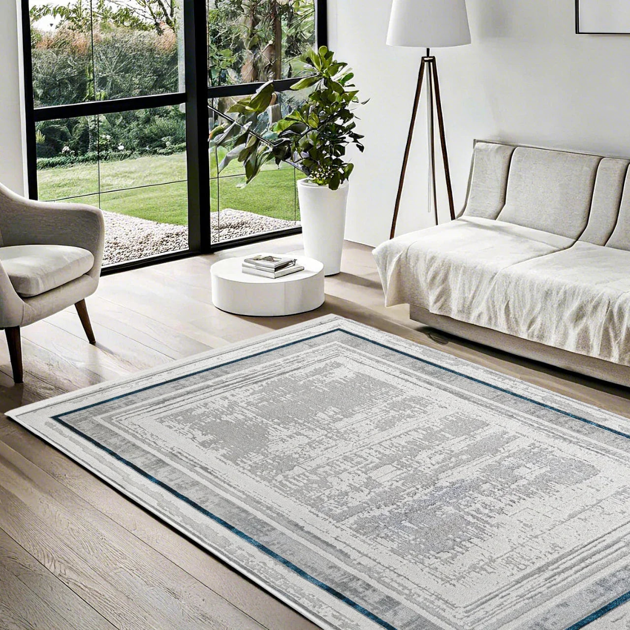 Beyaz Gri Bordürlü Minimalist Halı - Yıkanabilir - Kaymaz Taban - Pati Dostu