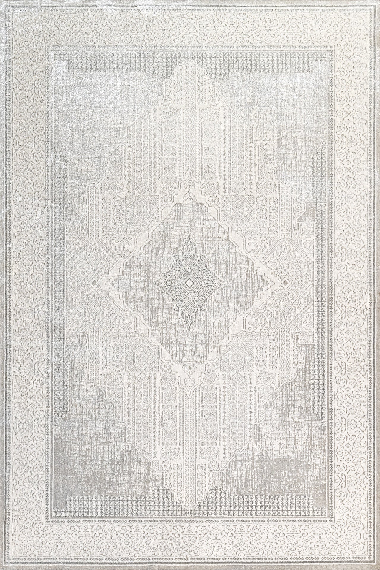 Beyaz Gri Eskitme Göbekli Halı - Yıkanabilir - Kaymaz Taban - Pati Dostu