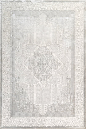 Beyaz Gri Eskitme Göbekli Halı - Yıkanabilir - Kaymaz Taban - Pati Dostu